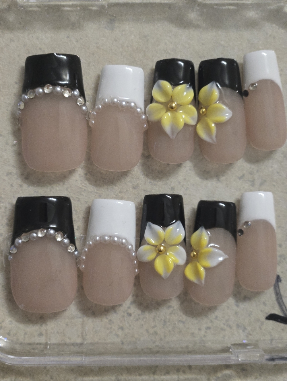 Black & White Floral 3D Nail Set with Yellow Accent, Medium Length Square Shape